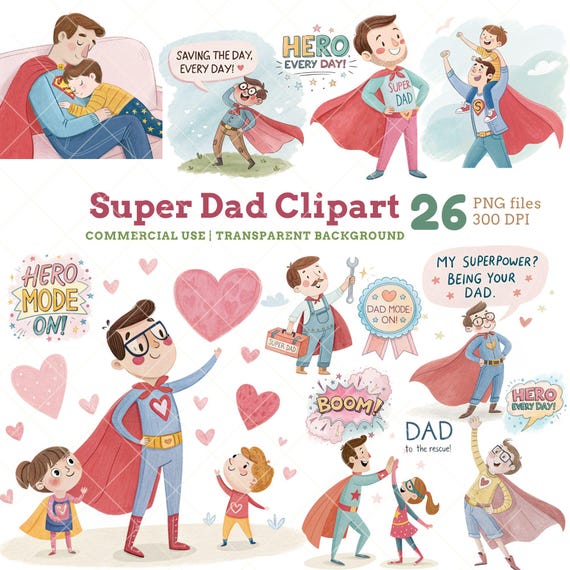 Super Dad Clipart: Hero Father and Kids PNG Illustrations, Digital Download, Commercial Use