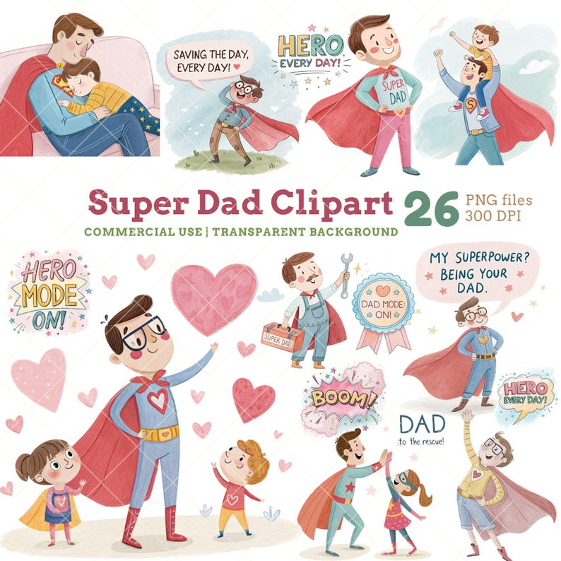Super Dad Clipart, Cute Hero Dad and Kids Illustrations for Stickers, Cards, Crafts, Journaling, Birthday Gifts, Father's Day Clipart, Cute Dad PNG, super dad clipart, hero dad art, cute dad png, comic dad clipart, dad superhero png, dad hero clipart, dad cape png, father's day hero, dad sticker art, dad card design, dad and kids png, fun dad graphics, father's day craft, Transparent PNG Clipart, Commercial Use Clipart, Father's Day Graphics, Greeting Card Elements