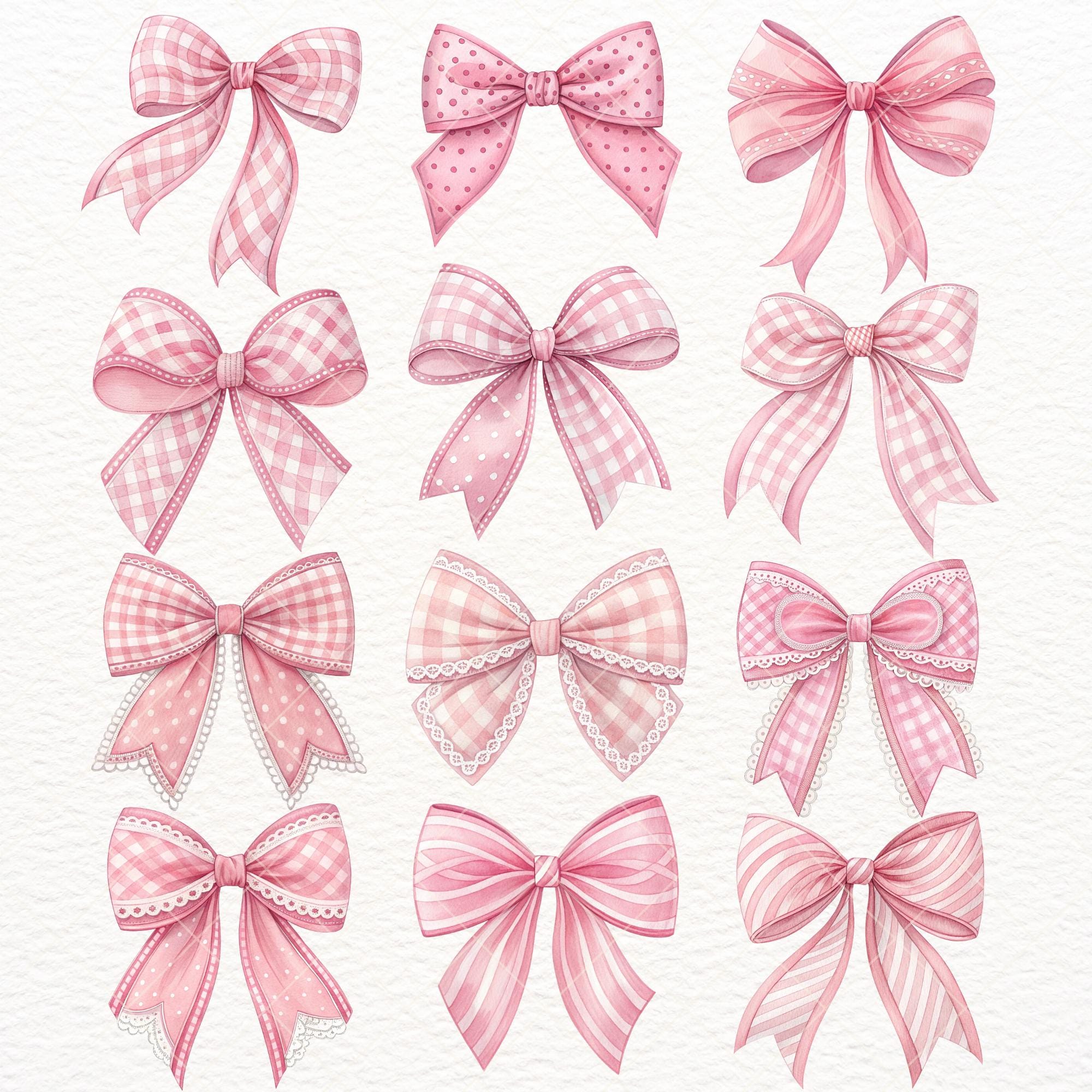 Coquette Pink Bows Clipart: Watercolor Gingham Cherry Lace (PNG Digital ...