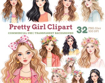 Watercolor Fashion Girl Clipart: Floral Crowns, Bows (PNG Digital Download)