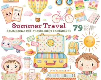 Puede incluir: Una colección digital de ilustraciones en acuarela sobre viajes de verano que incluye un globo aerostático, avión, bicicleta, maleta, furgoneta, cámara, binoculares, pasaporte, boletos, fotos, mochila, sol y dos niños sosteniendo mapas con el texto Summer Travel.