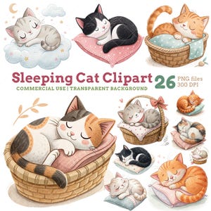 Slapende kat clipartbundel, schattige kawaii katten, kat slapen png, slapende kat digitale download, transparante achtergrond, commercieel gebruik