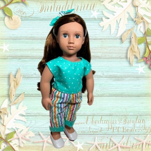 Teal and Colorful Picnic Play Outfit with Reversible Shirt and Hair Accessories