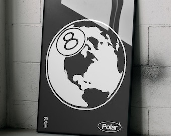 May include: Black and white poster featuring a graphic of a globe with the number 8 on it. The globe is a stylised representation of the Earth. The poster has the word "Polar" in white text at the bottom.
