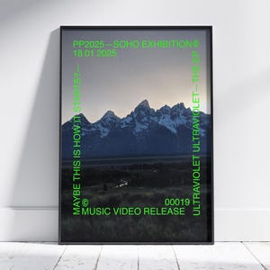 Kanye-poster, print bergzicht, muziekvideokunst