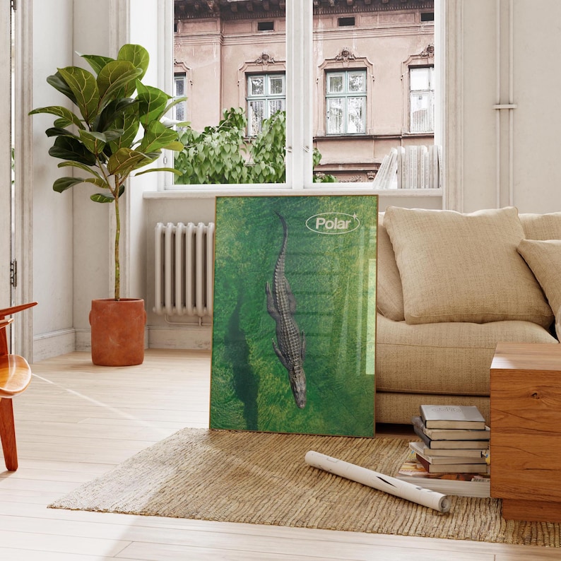 May include: A framed art print featuring a top-down view of an alligator swimming in green water. The print has the word "Polar" in a white, rounded font in the upper right corner. The print is displayed in a living room setting.