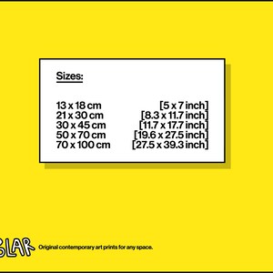 May include: A white rectangle on a yellow background displays print sizes in centimeters and inches: 13 x 18 cm [5 x 7 inch], 21 x 30 cm [8.3 x 11.7 inch], 30 x 45 cm [11.7 x 17.7 inch], 50 x 70 cm [19.6 x 27.5 inch], and 70 x 100 cm [27.5 x 39.3 inch]. The word "POLAR" is in the bottom left corner.