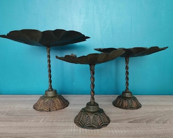 Trio Vintage cast iron birdbath with handmade water lily decor