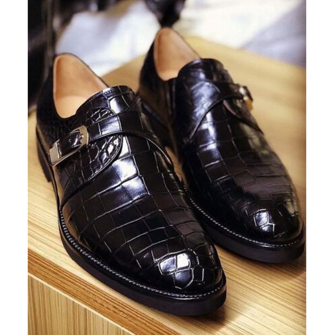 Premium Quality Black Crocodile Print Leather Single Monk Strap Dress ... - Black Tie Shoe Collection With Rare Crocodile Pattern