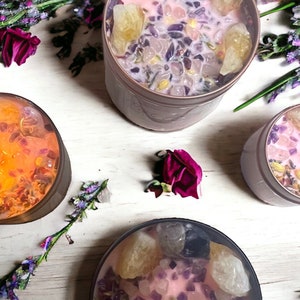 Pure Amour Love and Happiness Candle | Manifestation Intention | Wickless, Melts, Squeezable Wax | Citrine, Amethyst, Rose Quartz | Bergamot