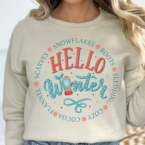 Moletom Hello Winter, Moletom Cozy Winter Vibes, Moletom de gola redonda de inverno, Moletom de boneco de neve, Moletom para assistir filmes de inverno
