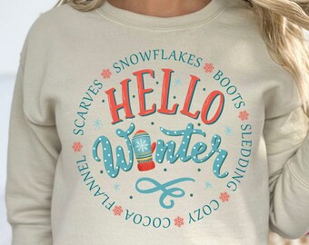 Hello Winter Sweatshirt, Cozy Winter Vibes Sweatshirt, Winter Crewneck Sweater, Snowman sweatshirt, winter movie watching sweater