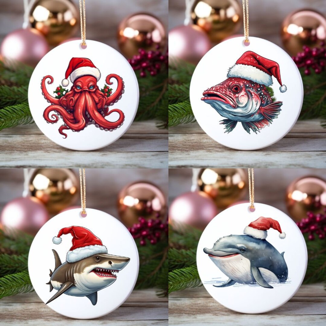 Under the Sea Ornaments, Set of 4, Christmas Octopus, Christmas Shark