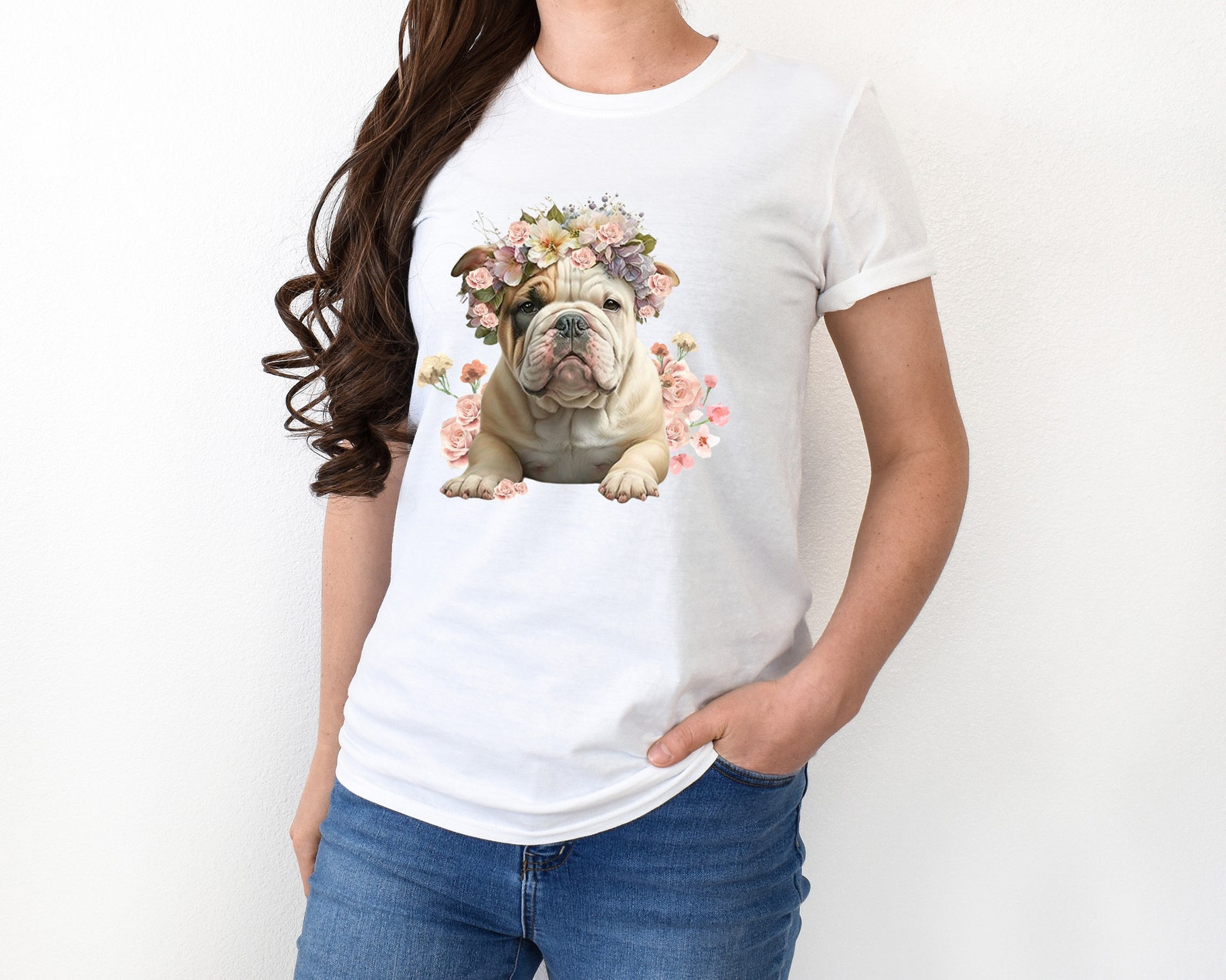 Thanksgiving Male Bulldog with Falling Leaves Women's Tee | Red & White Colored main image 1