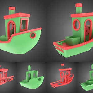 May include: A green and red toy boat with a removable top and bottom. The boat has a small cabin with windows and a chimney. The boat is made of plastic and is about 25 cm long.