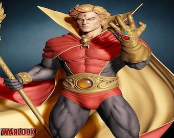 May include: A detailed figurine of Adam Warlock, a superhero, in a dynamic pose. He wears a red and gold costume with a cape and a golden belt. His left hand is gloved with the Infinity Gauntlet, and he holds a golden staff. The word "WARLOCK" is at the bottom.