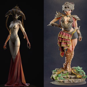 May include: Two fantasy statues are shown. The first is a pale figure with a horned headdress and long, sharp nails, draped in a red fabric. The second is a warrior figure in ornate armour, a skull helmet, and a red and gold skirt, standing on a rocky base.