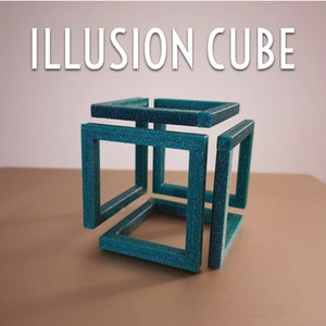 Può includere: Un cubo di illusione blu turchese in plastica. Il cubo è composto da più quadrati che sembrano sovrapporsi.