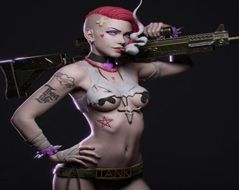 May include: A woman with red hair and a shaved head is holding a rifle. She is wearing a white tank top with a skull and crossbones design, a black choker necklace, and a purple bandana. She has a tattoo on her arm that says "Thug Life" and a heart with the word "True" on it. She is also wearing a green and black belt with the word "TANK" on it.