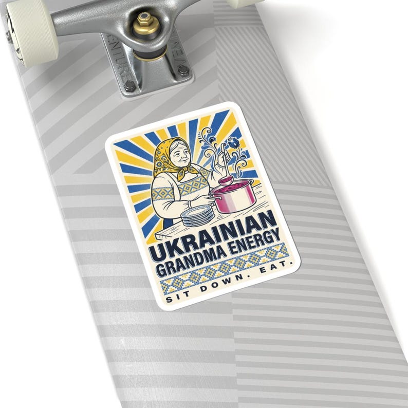 Ukrainian Grandma Energy Sticker, Sit Down Eat Decal, Babusia Borsch Folk Art Laptop Sticker image 8
