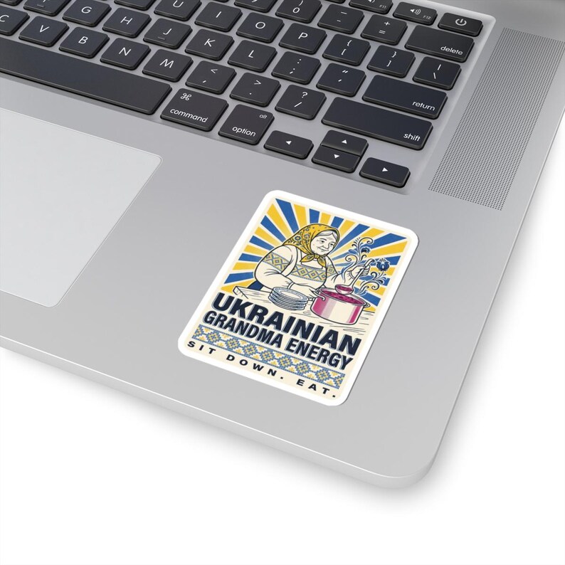 Ukrainian Grandma Energy Sticker, Sit Down Eat Decal, Babusia Borsch Folk Art Laptop Sticker image 2