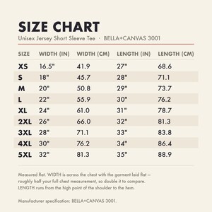 Size chart with garment measurements in inches and centimetres