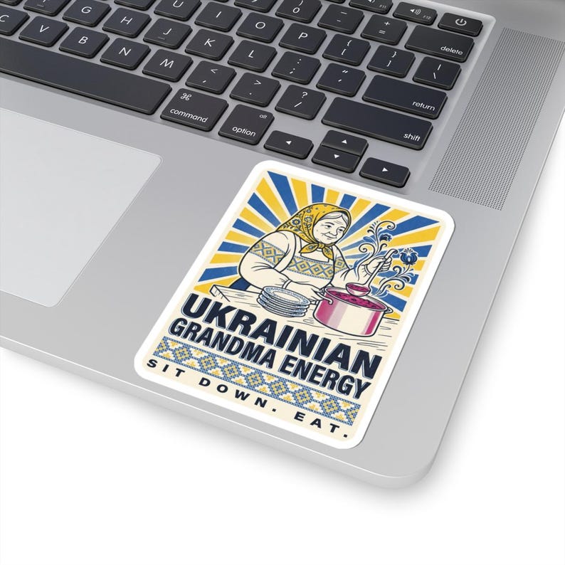 Ukrainian Grandma Energy Sticker, Sit Down Eat Decal, Babusia Borsch Folk Art Laptop Sticker image 5