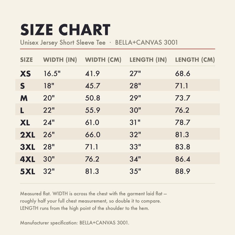 Size chart with garment measurements in inches and centimetres
