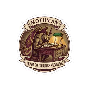 Getrokken tot verboden kennis Mothman sticker | Grappige Dark Academia leessticker | Cadeau voor cryptide boekenliefhebber | Boekenliefhebber laptopsticker afbeelding 7