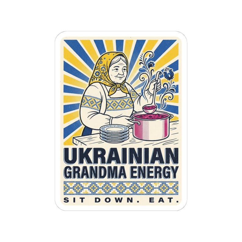 Ukrainian Grandma Energy Sticker, Sit Down Eat Decal, Babusia Borsch Folk Art Laptop Sticker image 4