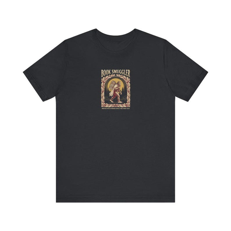 Book Smuggler Bigfoot Tee | Banned Books Shirt | Funny Cryptid Reading Gift | Dark Academia Sasquatch Graphic Tee image 2