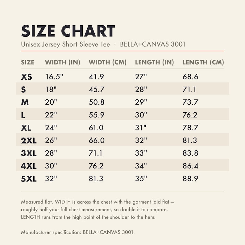 Size chart with garment measurements in inches and centimetres