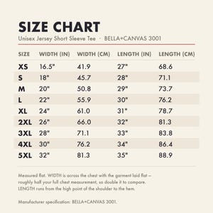 Size chart with garment measurements in inches and centimetres
