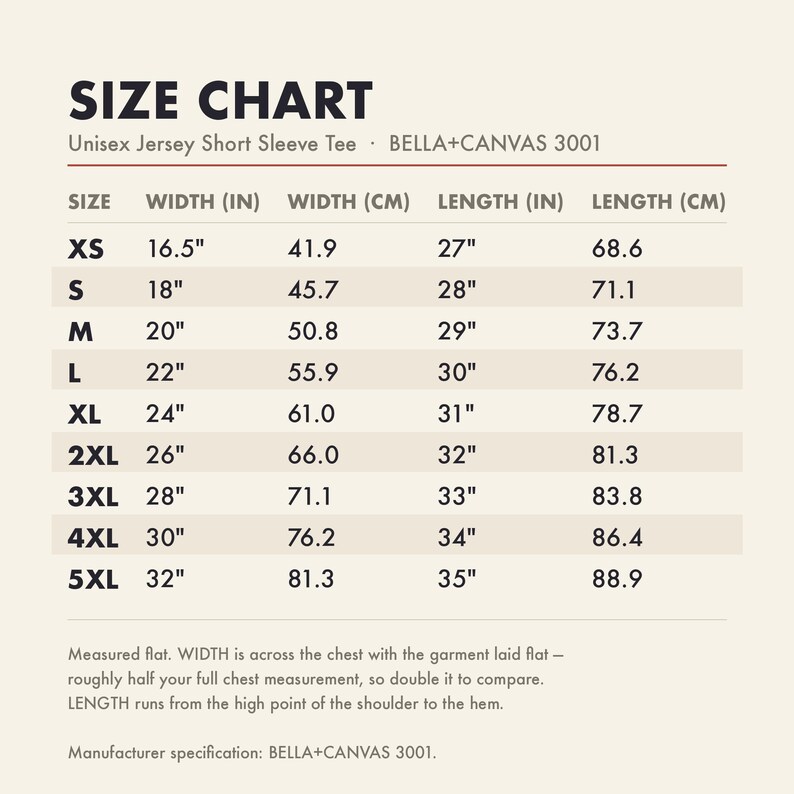 Size chart with garment measurements in inches and centimetres
