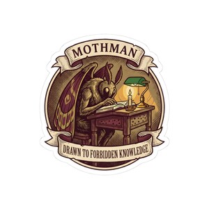 Drawn To Forbidden Knowledge Mothman Sticker | Funny Dark Academia Reading Decal | Cryptid Book Lover Gift | Bookish Laptop Sticker