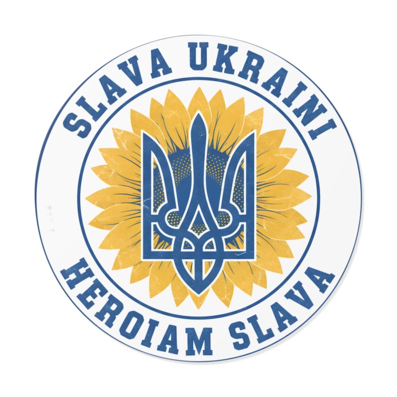 Slava Ukraini sticker, Oekraïense drietand zonnebloem sticker, steunbetuigingssticker voor Oekraïne, Tryzub vinyl sticker voor laptop of waterfles afbeelding 1