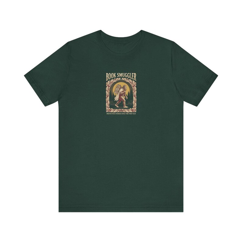 Book Smuggler Bigfoot Tee | Banned Books Shirt | Funny Cryptid Reading Gift | Dark Academia Sasquatch Graphic Tee image 4
