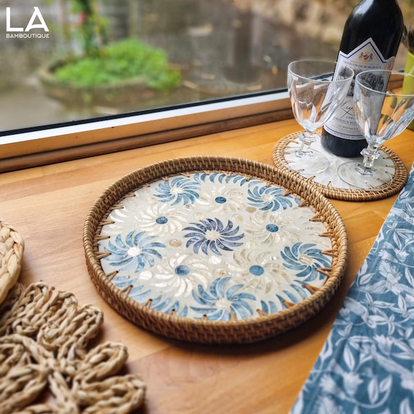 Hand-woven rattan and seashell tray | Wicker tray | Round Serving Tray | Tea tray | decoration gift