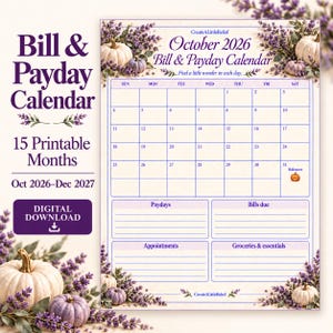 Op de afbeelding: Een printbare kalender voor oktober 2026 met illustraties van paarse lavendel en witte pompoenen. De lay-out bevat een maandoverzicht en secties voor betaaldagen, rekeningen, afspraken en boodschappen, met de tekst CreateALittleRelief.