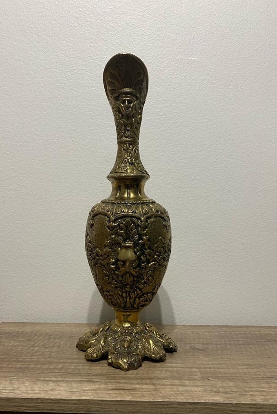 Antique Brass Pitcher Vase, Vintage Decorative Pitcher, Large