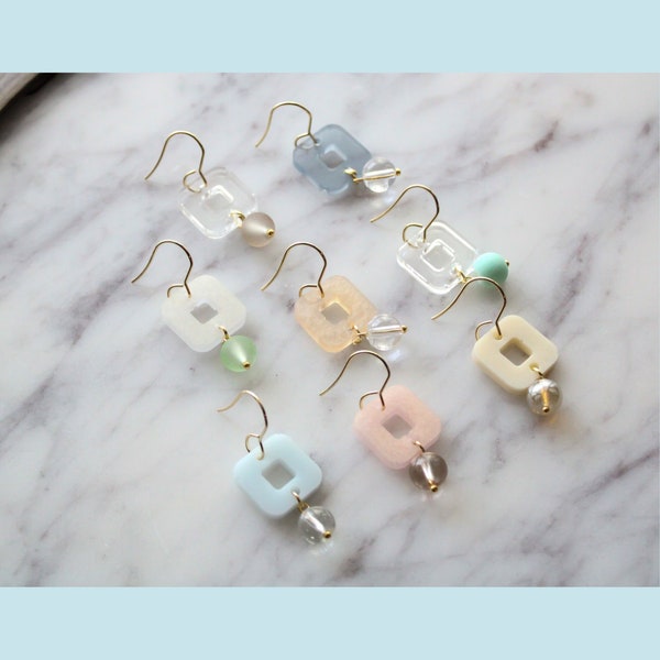 Resin Square and Glass Bead Dangle Drop Earrings with French Hooks