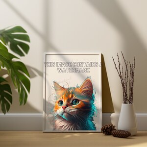 Cute colorful vibrant cat digital print, illustration, cute digital art, cute cat digital downloads.