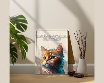 Impresión digital de gato vibrante colorido lindo, ilustración, arte digital lindo, descargas digitales de gato lindo.