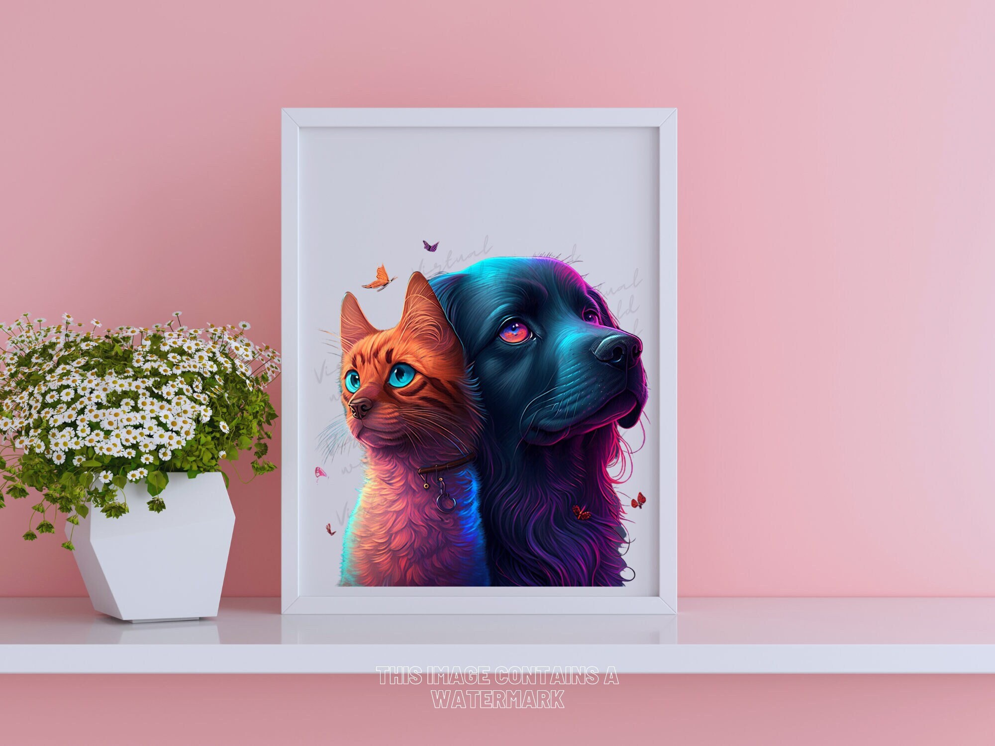 Digital Vibrant Cute Cat and Dog Illustrations, Printable Art, Digital ...