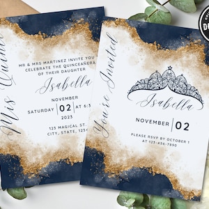 Elegant Quinceanera Invitation Mis Quince | Blue Glitter 15th Birthday Invitation | Editable Template | Instant Digital Download | 5&quot; x 7&quot;