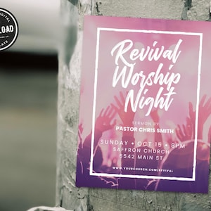 May include: A pink and purple flyer with a white border announcing a "Revival Worship Night" with a sermon by Pastor Chris Smith. The event is on Sunday, 15th October at 8pm at Saffron Church, 6542 Main St. The flyer includes a website address: www.yourchurch.com/revival.