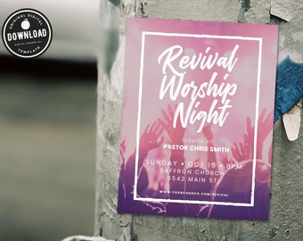 May include: A pink and purple flyer with a white border announcing a "Revival Worship Night" with a sermon by Pastor Chris Smith. The event is on Sunday, October 15th at 8pm at Saffron Church, 6542 Main St. The flyer includes a website address: www.yourchurch.com/revival.