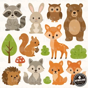 Söta skogsdjur SVG Clipart, skogsdjur, björn, rådjur, tvättbjörn, kanin, räv, ekorre klippfiler för Cricut och Silhouette Clip Art