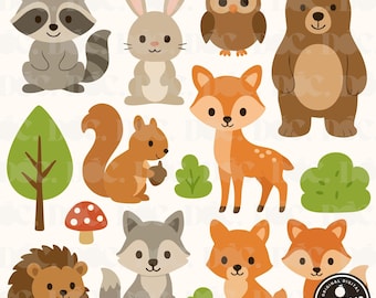 May include: A collection of cartoon woodland animals including a raccoon, rabbit, owl, bear, fox, squirrel, deer, wolf, and hedgehog. The illustrations are in a cute, friendly style with soft colors and simple shapes, perfect for children's designs.