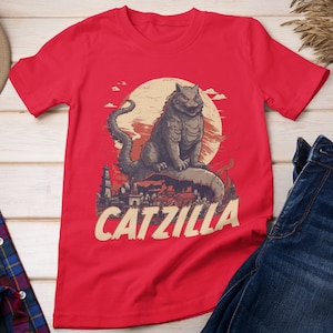 Catzilla T-Shirt in 14 Colors | Funny Cat T-Shirt | Vintage Catzilla Tshirt | Soft Premium Bella & Canvas Shirt